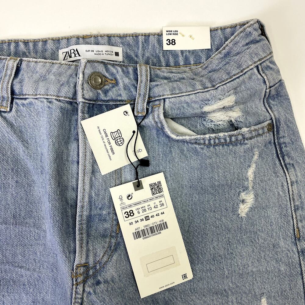 NEW ZARA Wide Leg Low Rise Jeans Size 6 Distressed - Picture 6 of 16
